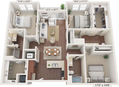 Floor plan for 3 beds, 3 baths, 1389 sqft